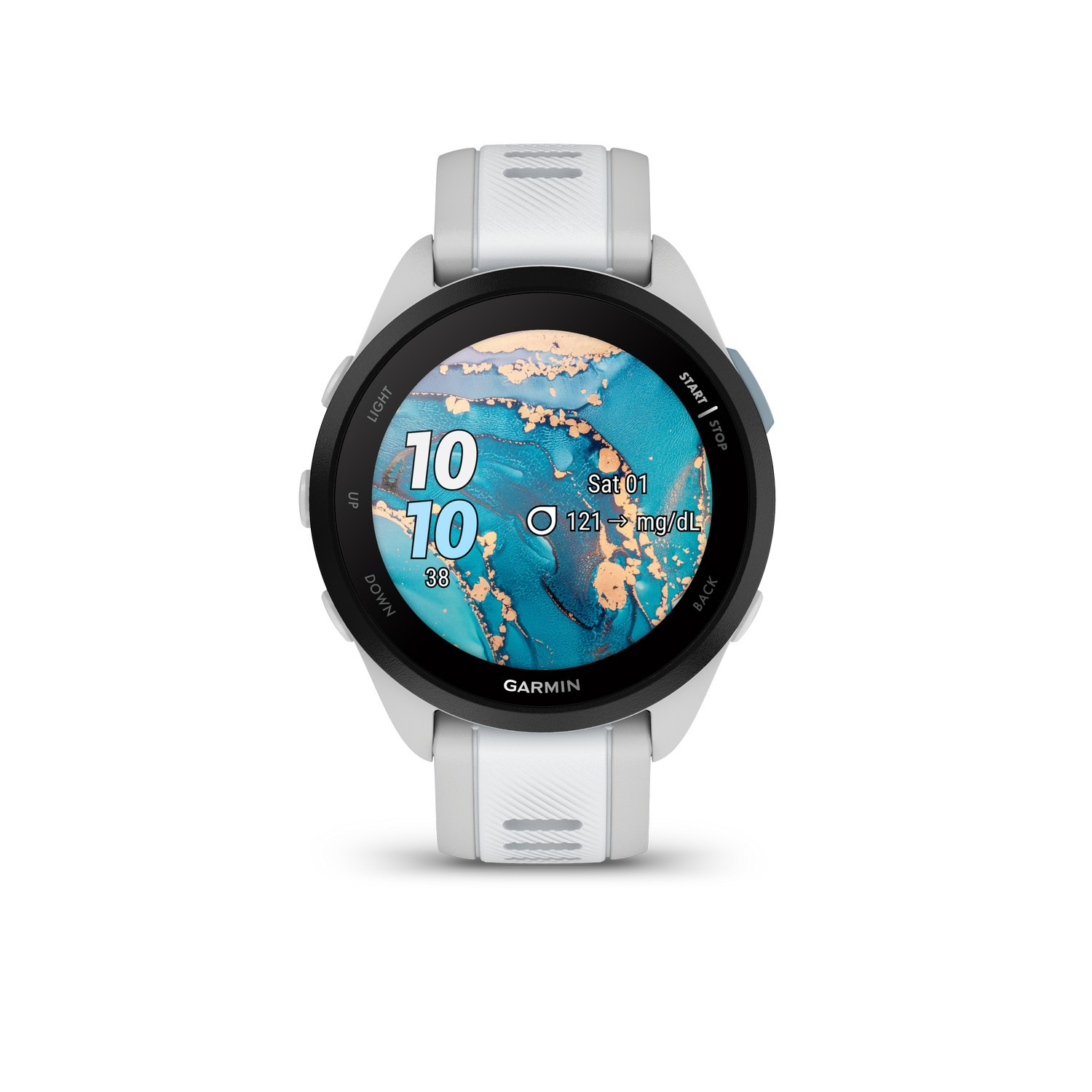 Garmin smartwatch met tijd, datum en gezondheidsstatistieken met een blauwe achtergrond.
