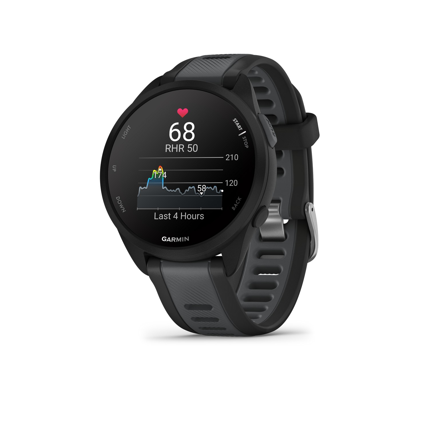 Une montre Garmin noire avec un écran affichant la fréquence cardiaque et un graphique.