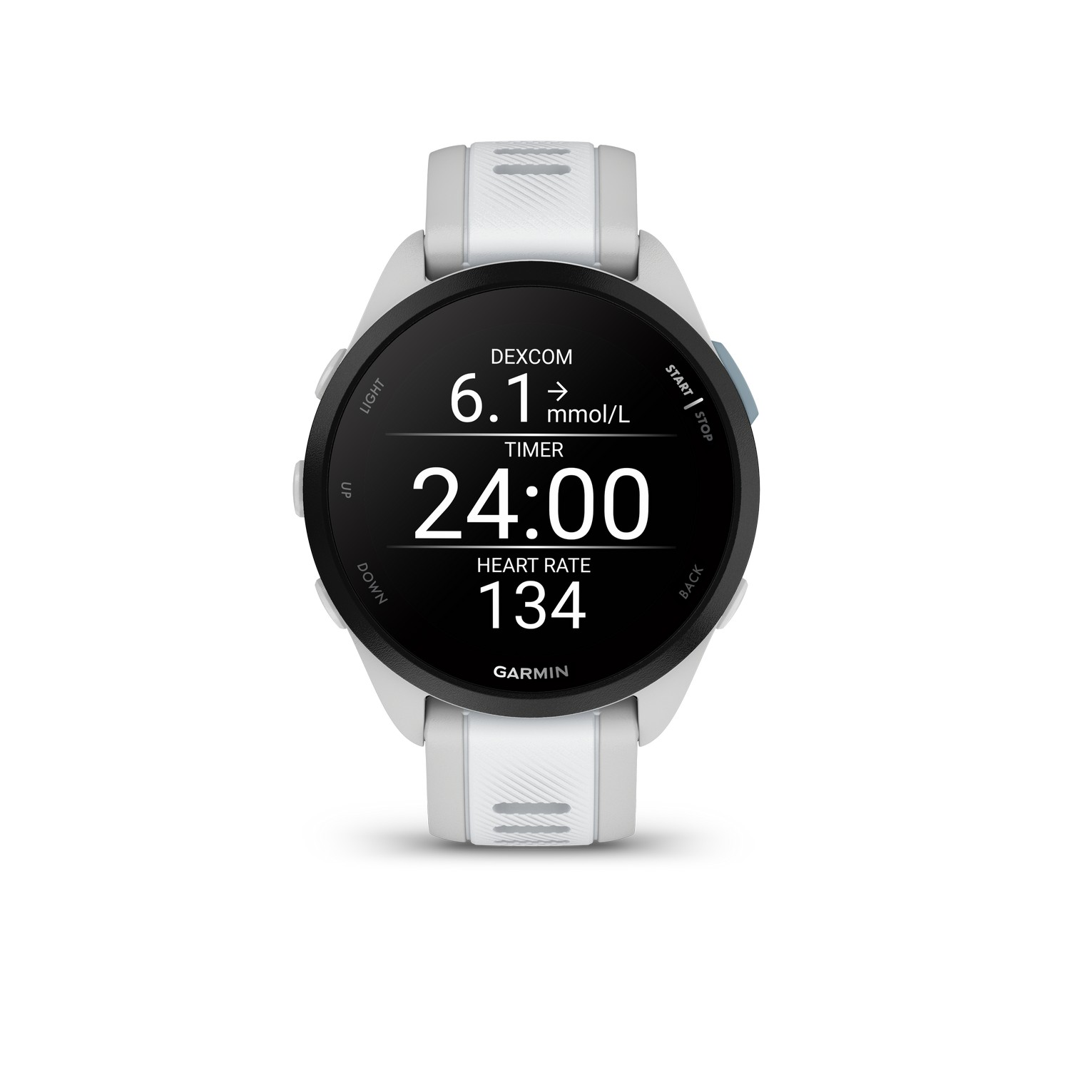 Een Garmin smartwatch toont gezondheidsstatistieken, waaronder hartslag en tijd. Het horloge is wit en zwart.