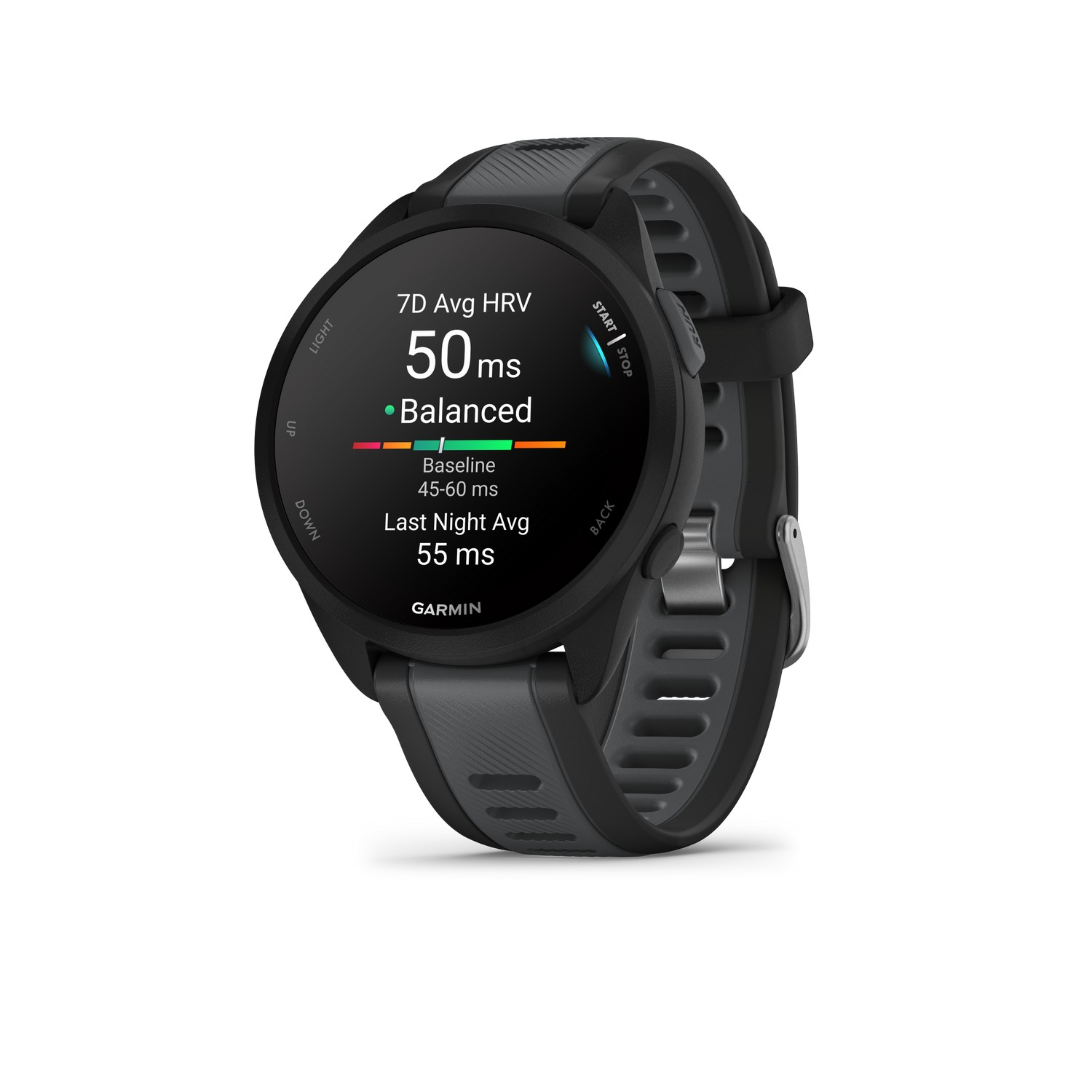 Montre Garmin au poignet, affichant des données de santé, avec bouton marche/arrêt visible.