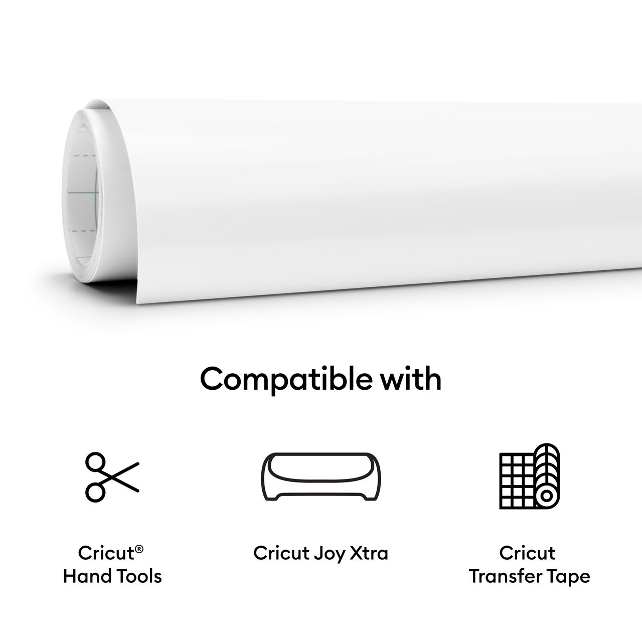 Rolle weißes Vinyl, mit Symbolen für Handwerkzeuge, Cricut Joy Xtra und Transferband.