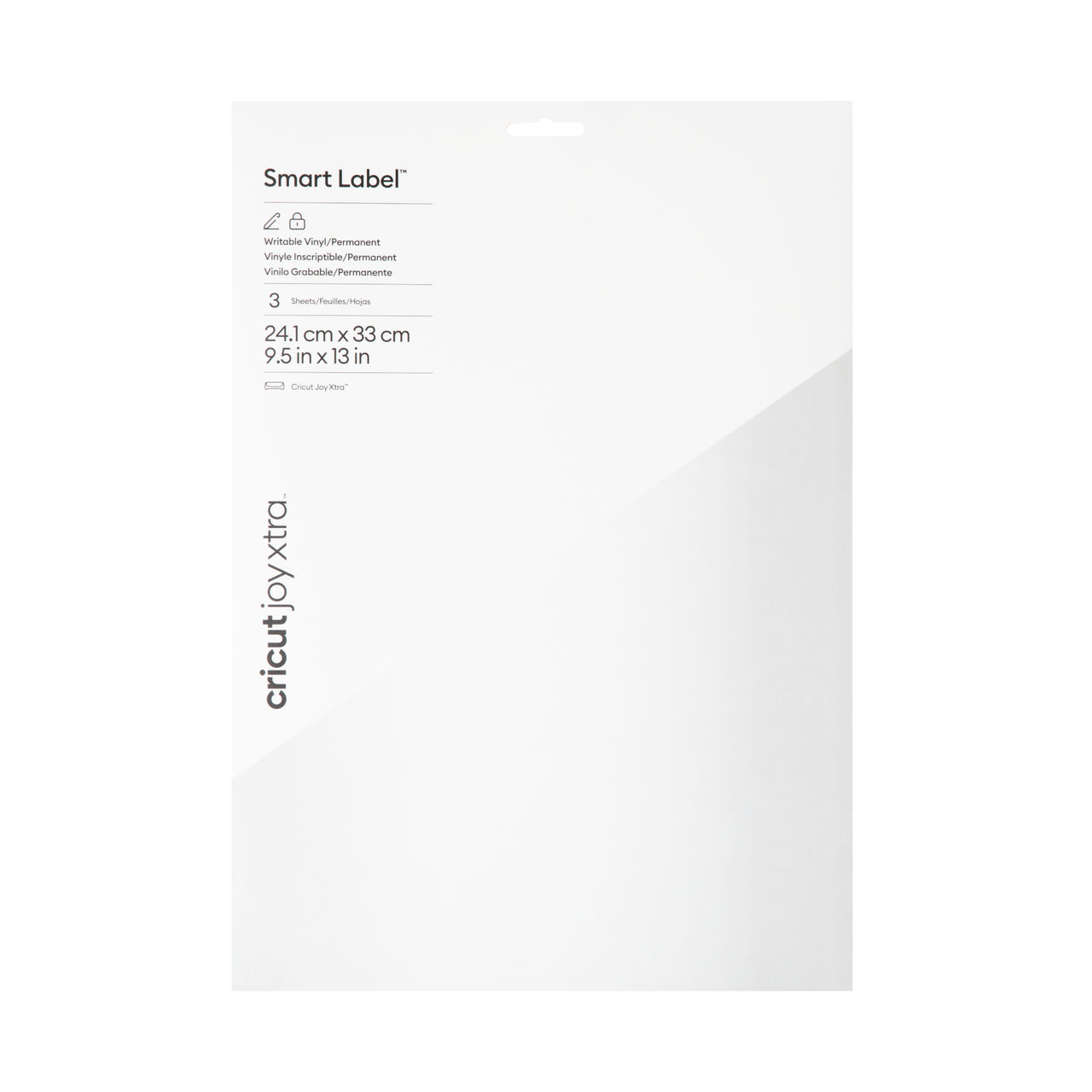 Eine weiße Packung Smart Label-Blätter mit Text und Cricut joy joyxtra-Logo auf weißem Hintergrund.