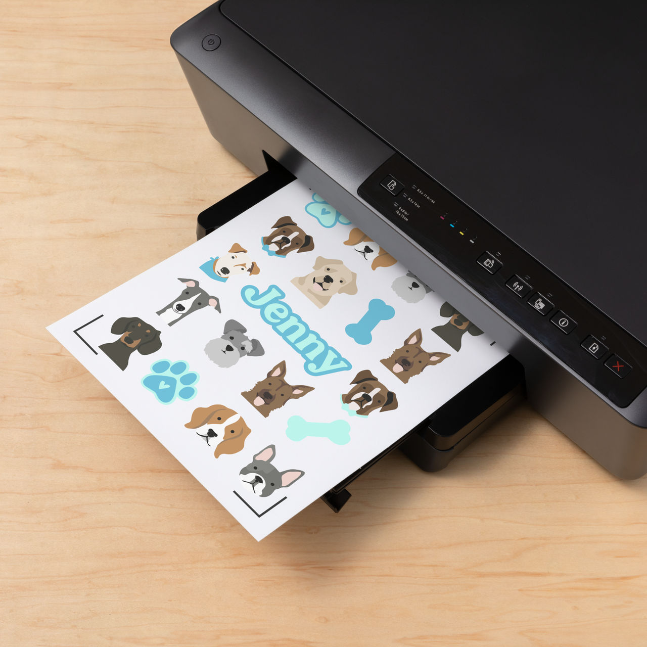 Ein Tintenstrahldrucker, der ein Blatt mit Hundeillustrationen und dem Namen 'Jenny' druckt.