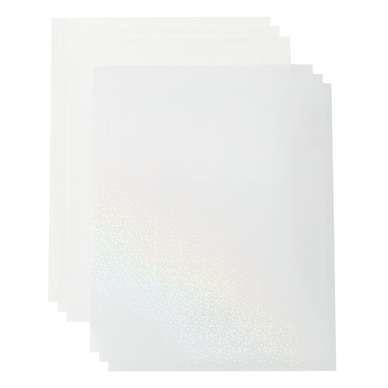 Mehrere Bögen weißes, glitzerndes Papier. Weißer Hintergrund.