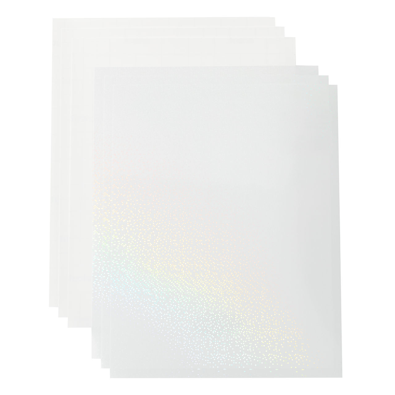Vier Blatt weißes Papier. Der Boden der Blätter hat einen Glitzereffekt. Der Hintergrund ist weiß.