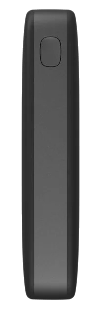Czarny power bank z jednym przyciskiem. To smukłe, prostokątne urządzenie.