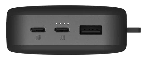 Czarny power bank z portami USB i USB-C. Posiada trzy białe kropki.