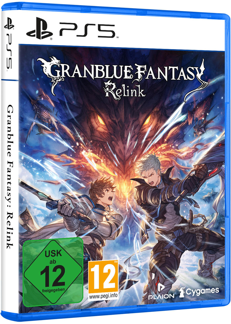 PS5-Spielbox: 'Granblue Fantasy Relink', mit zwei Charakteren vor einem feurigen Monster, auf Deutsch.