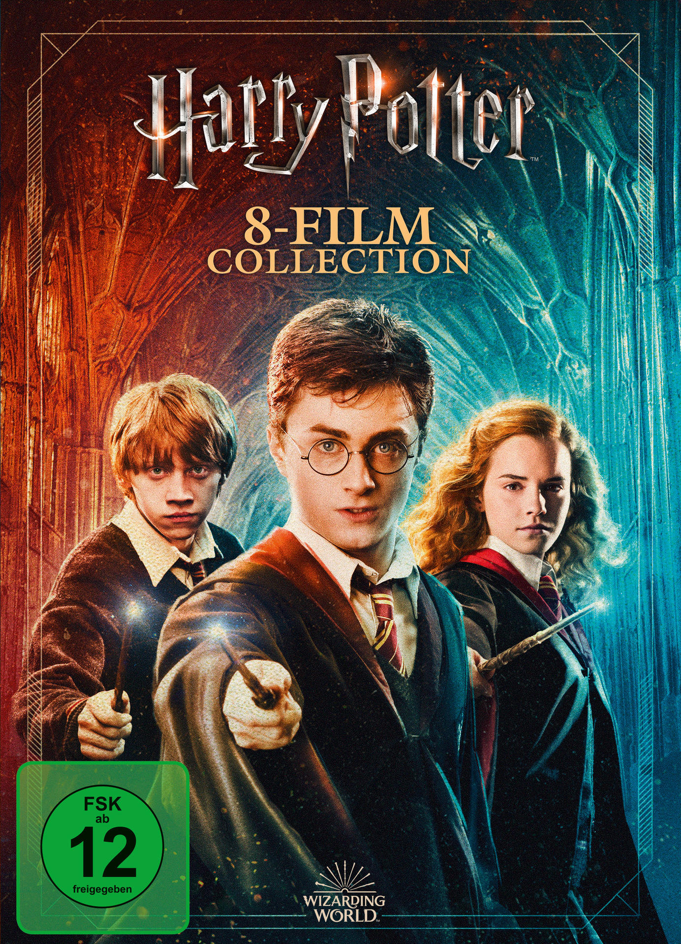 Harry Potter 8-Film Collection DVD. Harry, Ron und Hermine mit Zauberstäben. Blauer und roter Hintergrund.