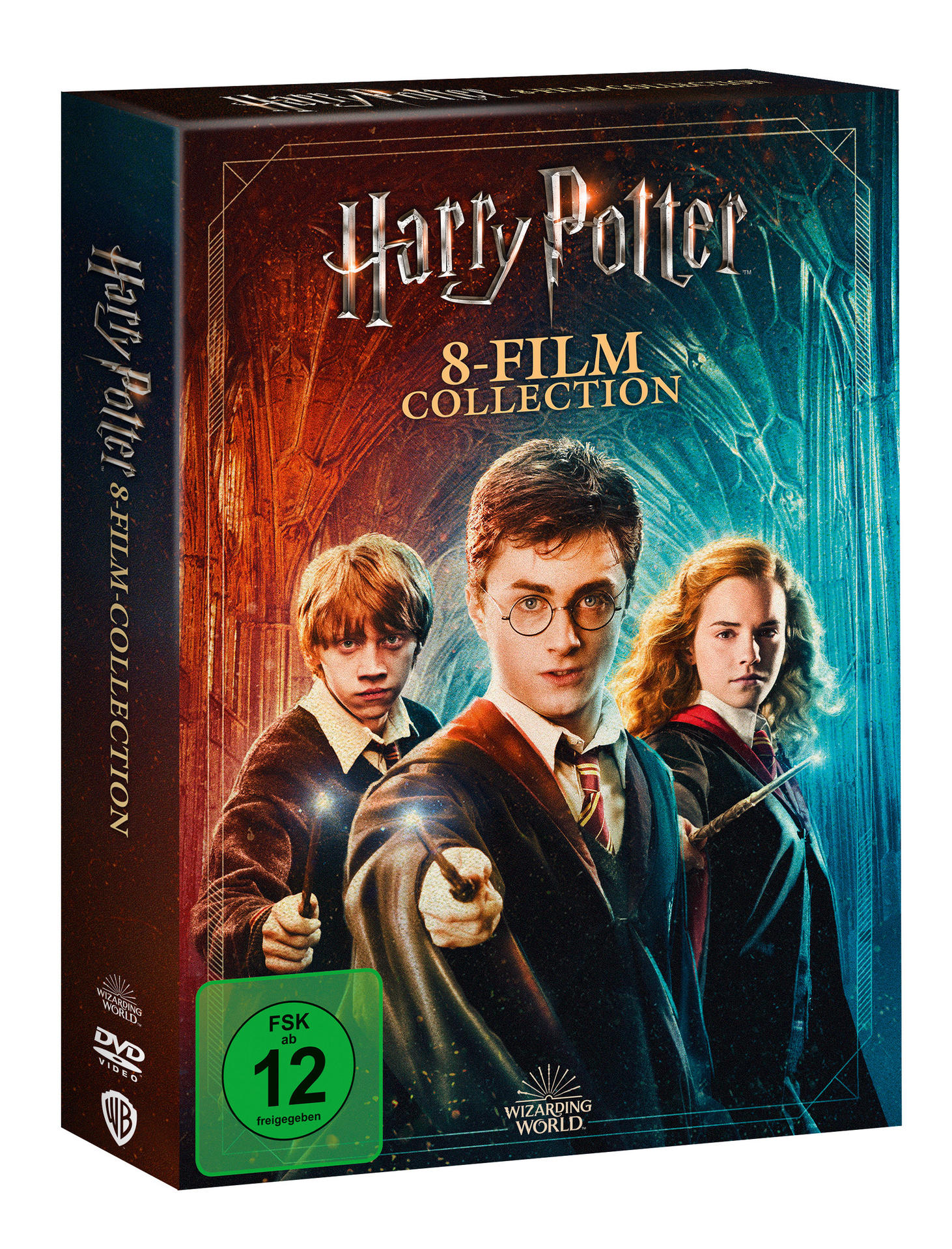 Box-Set der Harry Potter 8-Film-Sammlung mit Harry, Ron und Hermine.