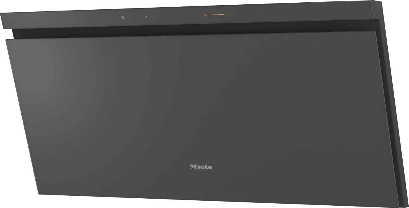 Dunkelgraue Dunstabzugshaube mit Touch-Bedienfeld und Miele-Logo.