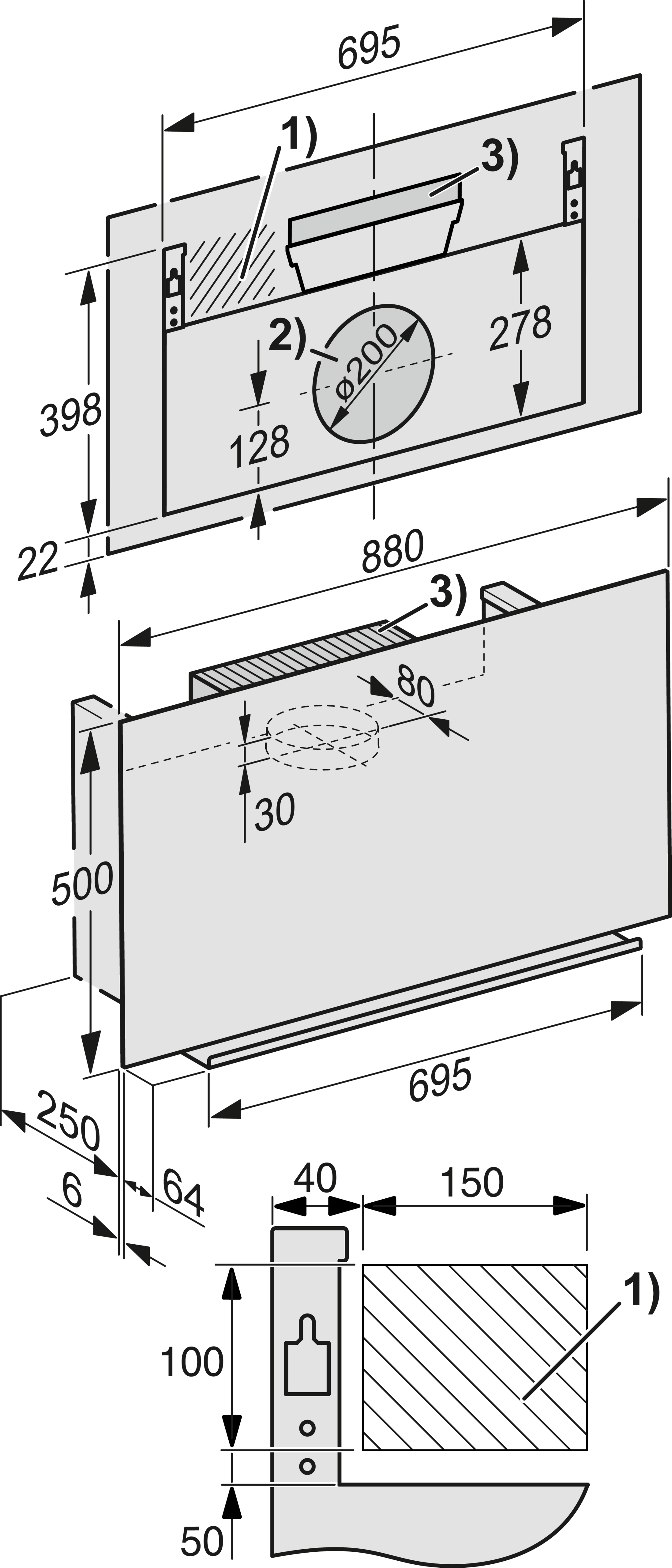 Technische Zeichnung einer Wandinstallation mit Maßen und Details.