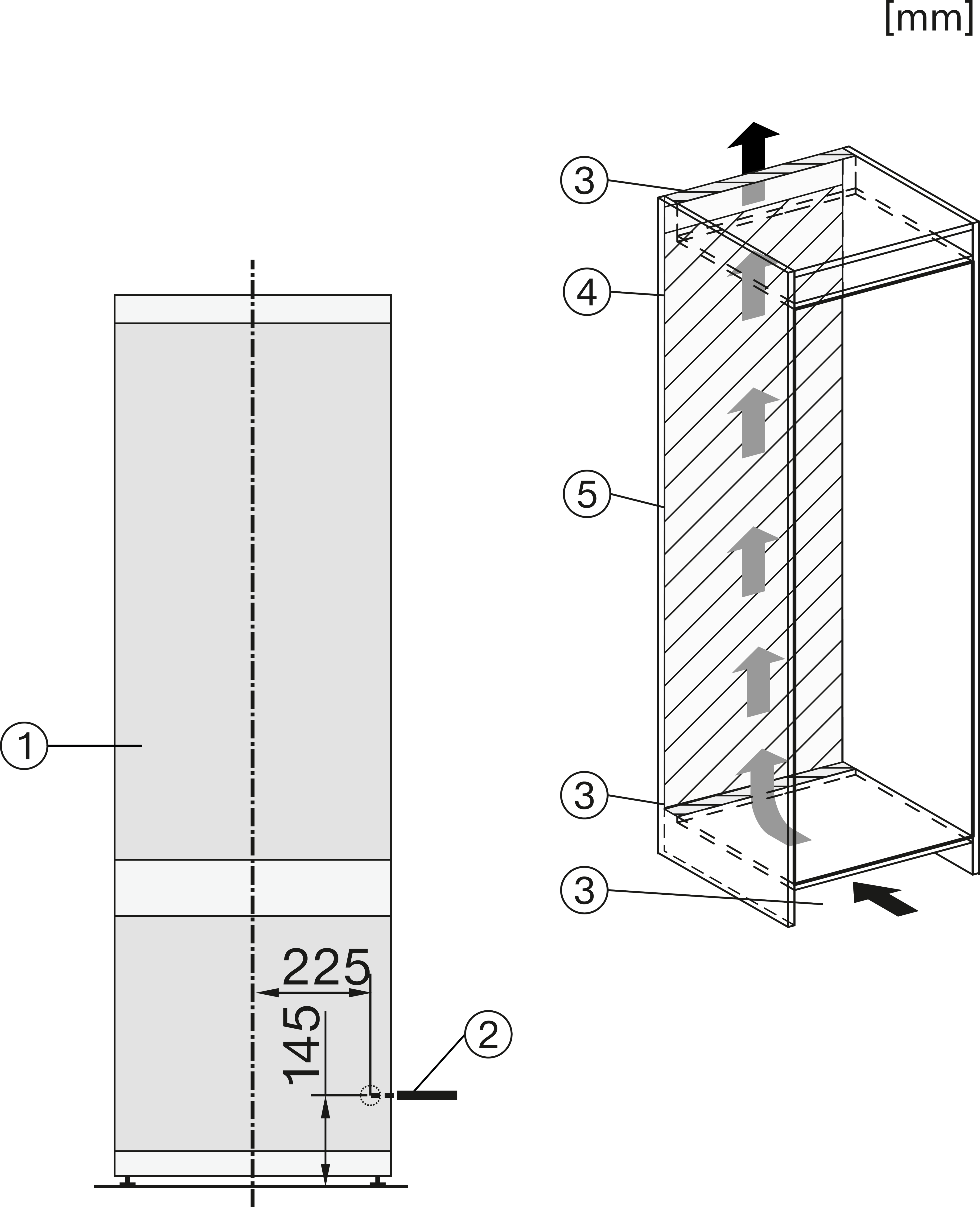 Diagramm eines Schranks mit Maßen und Pfeilen darin.