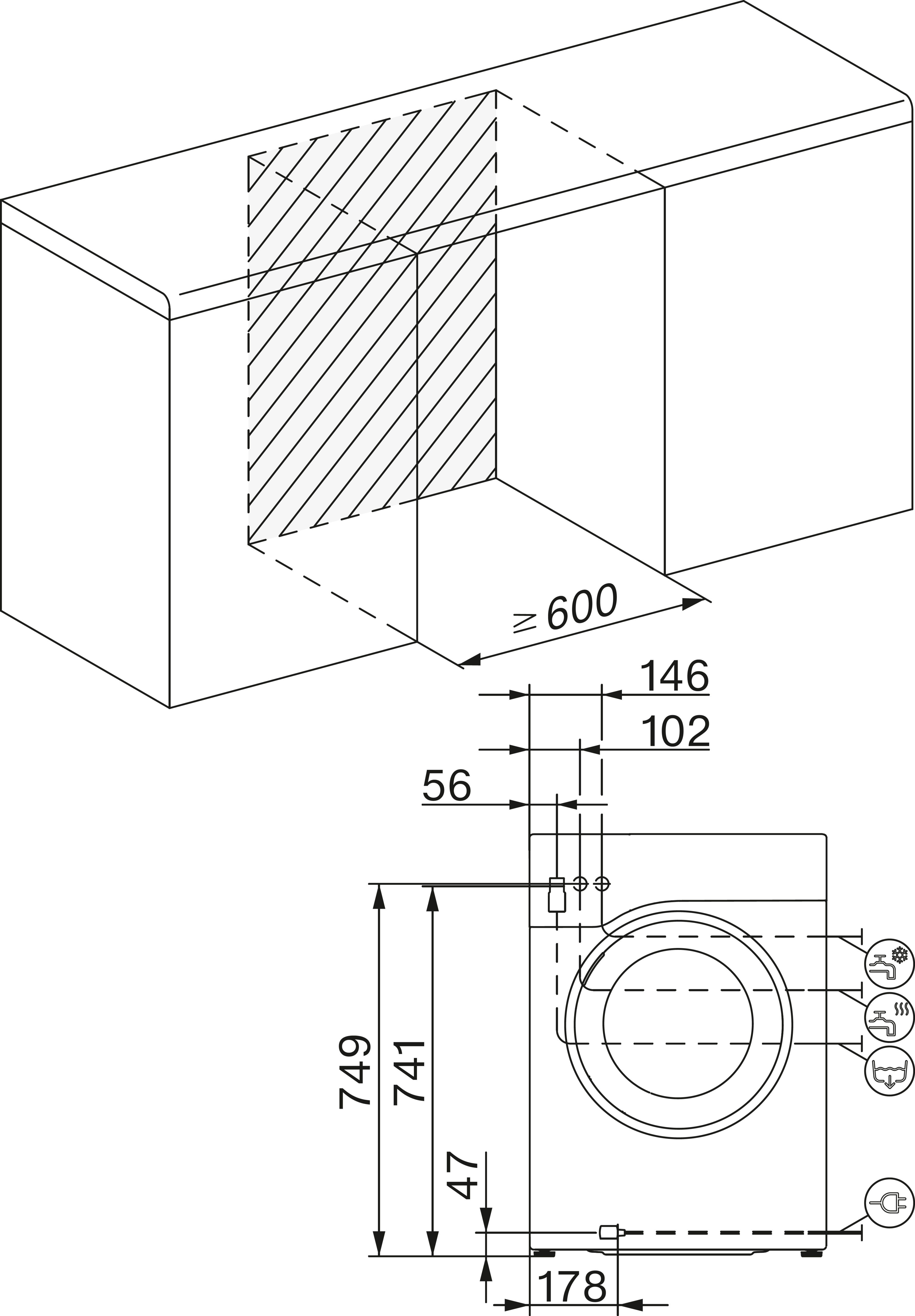 Schema einer Waschmaschine und Umgebung.