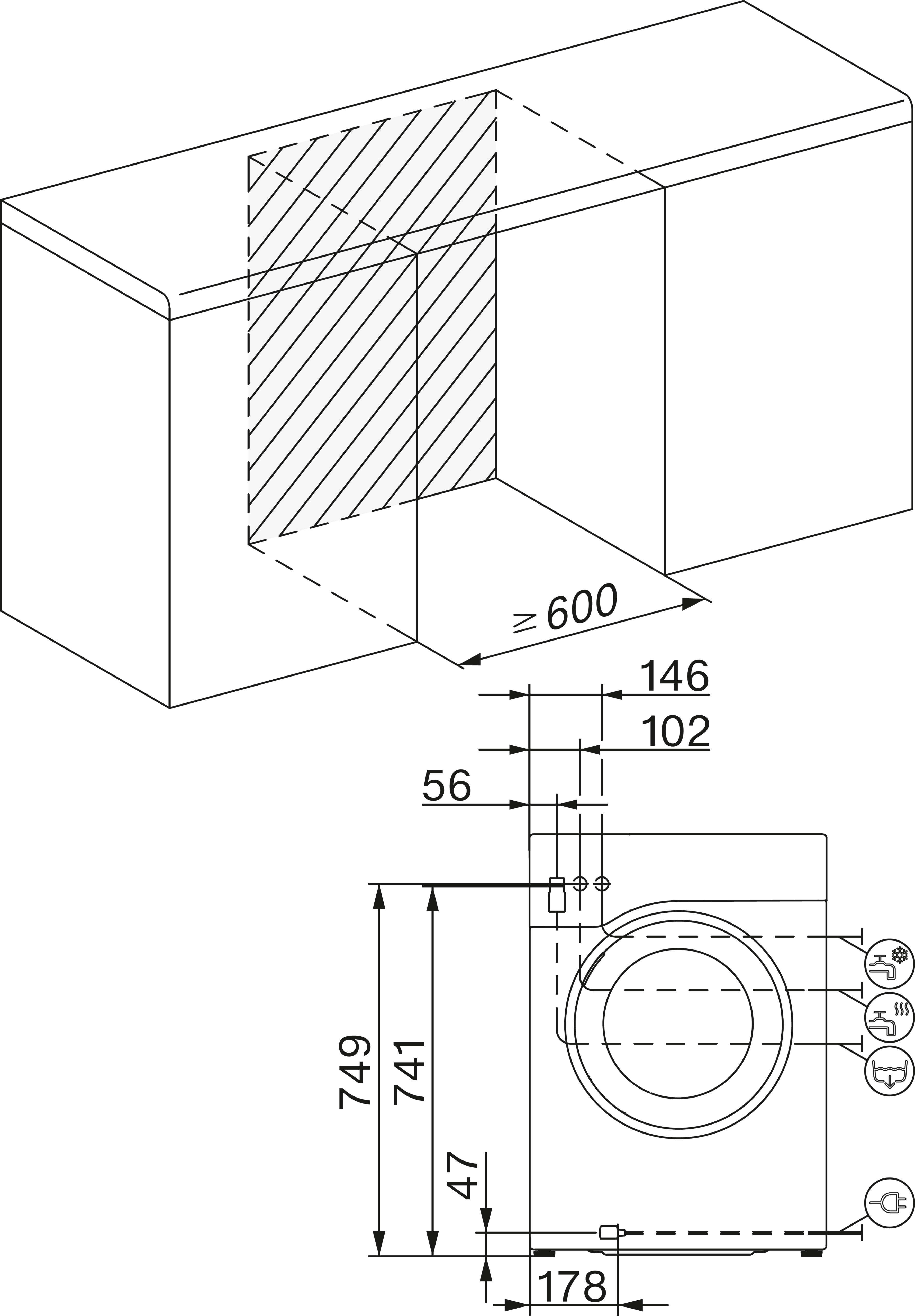 Schematische Darstellung einer Waschmaschine, Abmessungen und Anschlusspunkte.