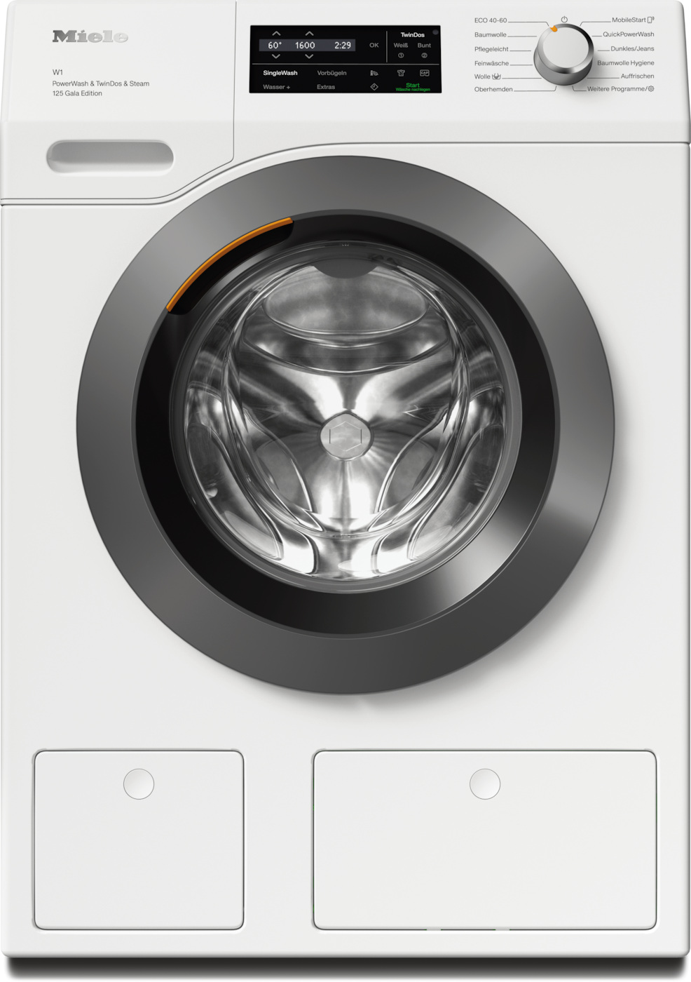 Weiße Miele Waschmaschine mit schwarzem und orangefarbenem Zierrat, Bedienfeld sichtbar.