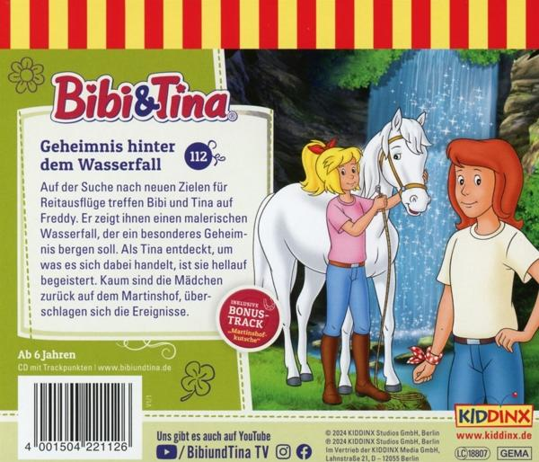 Bibi & Tina CD-Cover. Cartoon von zwei Mädchen neben einem weißen Pferd, Wasserfall im Hintergrund. Text und Logo vorhanden.