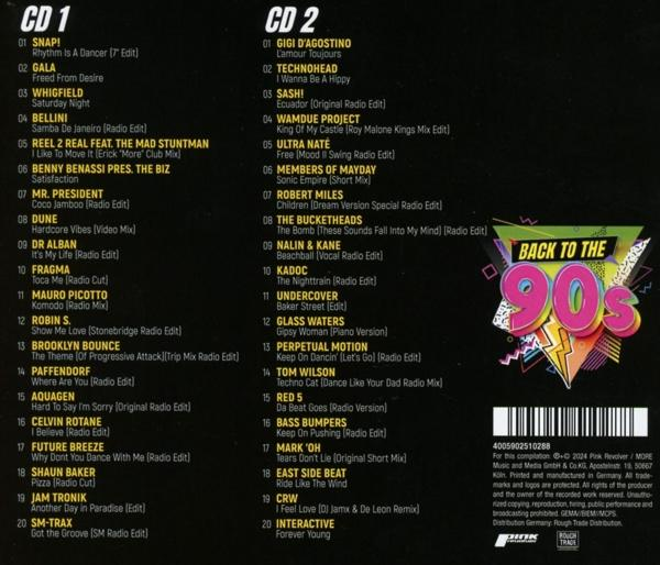 CD 1 und CD 2 Titellisten für eine 'Back to the 90s' Zusammenstellung mit Songtiteln und Künstlern.