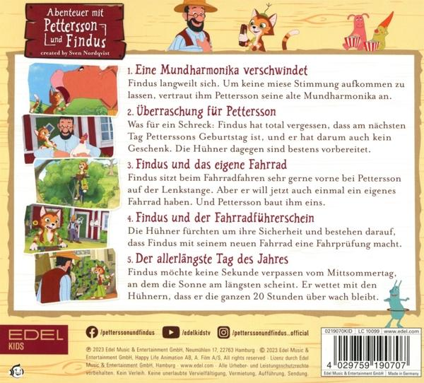 Rückseite eines Kinderbuchs. Illustrationen und Text über Pettersson und Findus, mit einer Cartoon-Katze.