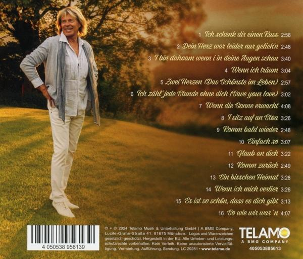 Mann im Hemd steht draußen, Albumcover mit Titelliste und Text, ein Mann.