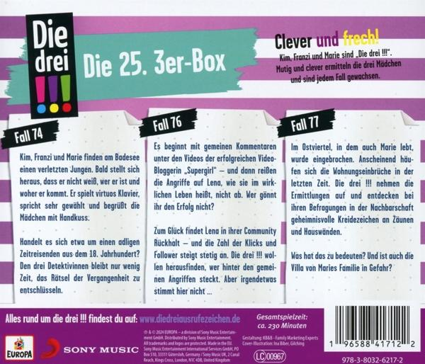 Buchcover mit Text in Deutsch, Die Drei Fragezeichen. Enthält Bilder und Text für drei Fallakten.
