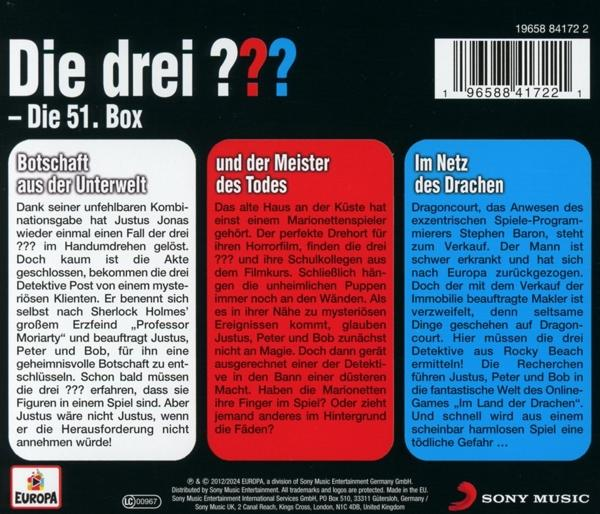 Rückseite eines Buches, Die drei ???, mit drei Textabschnitten.