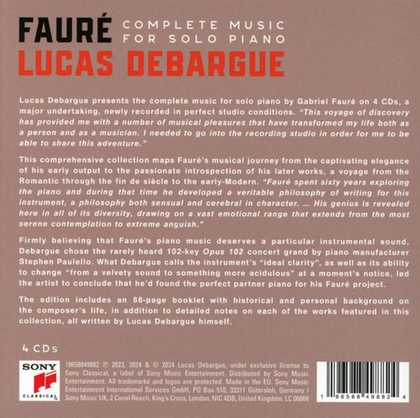 Buchcover für "FAURÉ COMPLETE MUSIC FOR SOLO PIANO" von Lucas Debargue, mit Text und Designelementen.
