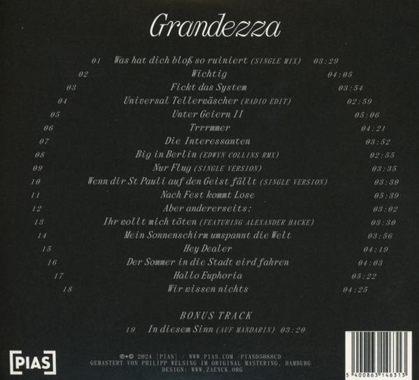 Album-Trackliste von 'Grandezza' auf weißem Hintergrund, mit schwarzem Text und Barcode.
