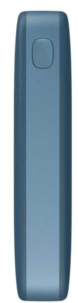 Niebieski power bank z przyciskiem na górze.