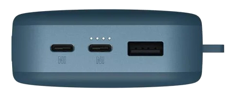 Niebieski power bank z portami USB i USB-C.