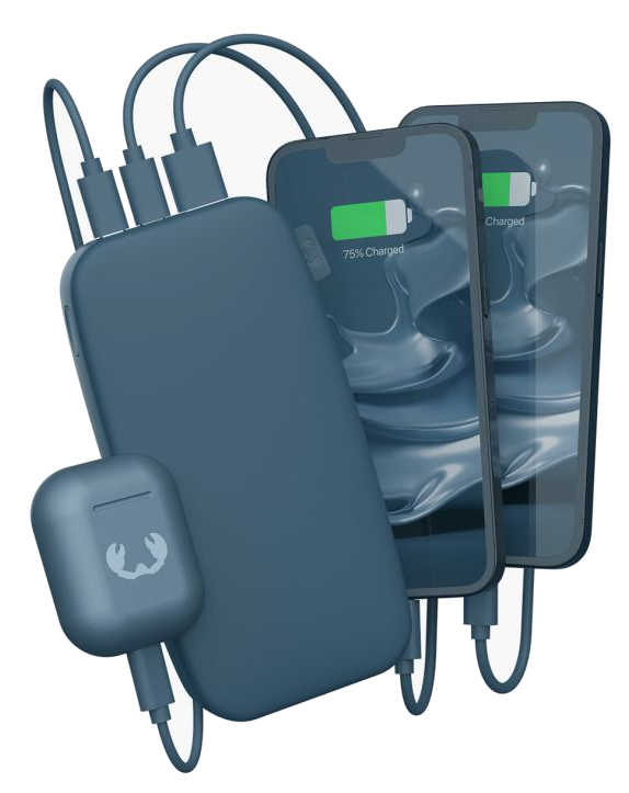 Niebieski power bank z ładującymi się telefonami i słuchawkami. Telefony pokazują 75% naładowania. Na białym tle.