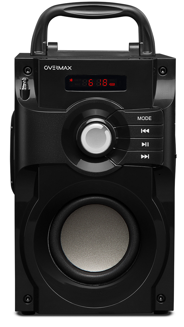 Czarny głośnik przenośny z czerwonym wyświetlaczem, przyciskami sterowania i uchwytem.