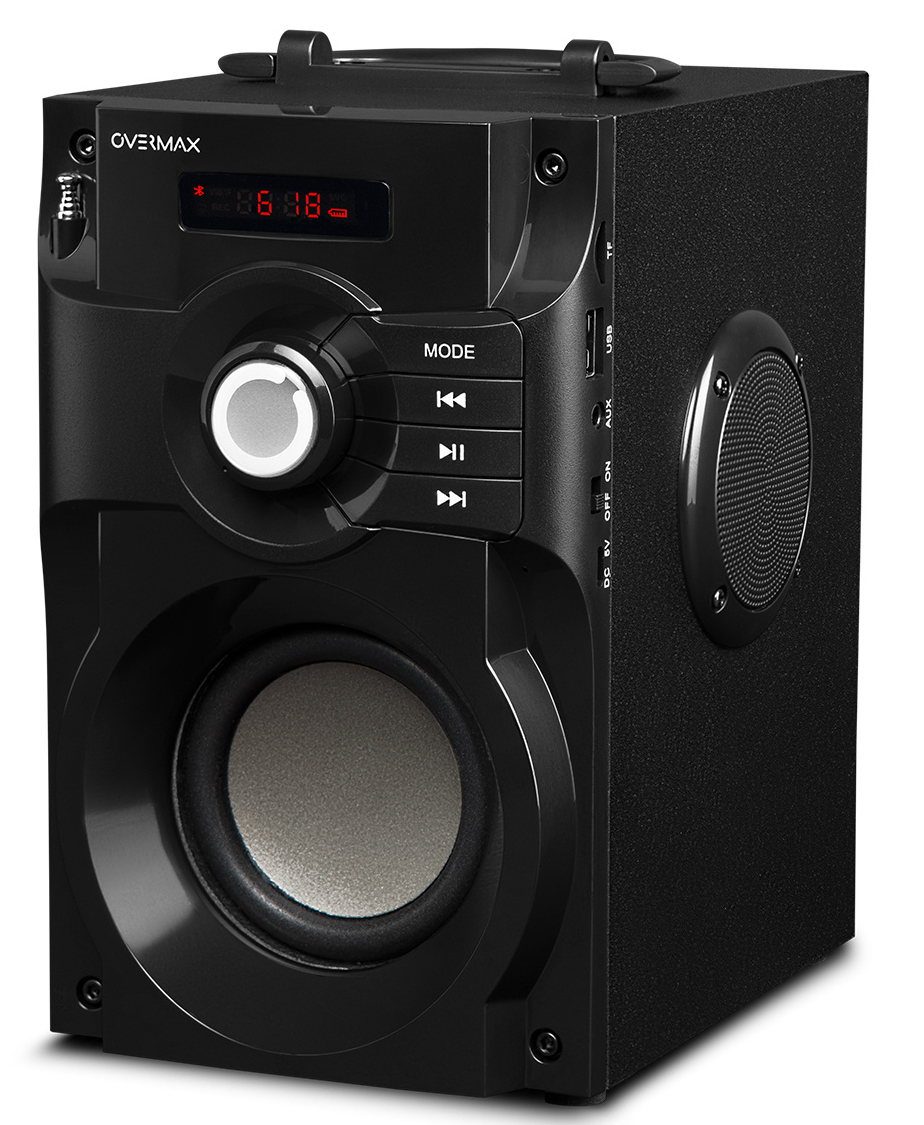 Czarny głośnik z elementami sterującymi z przodu: przyciski trybu, odtwarzania/pauzy i głośności.