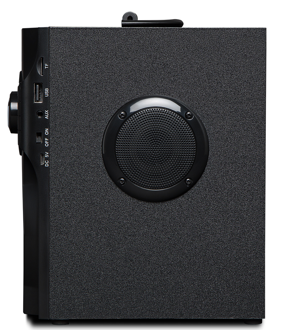 Czarny głośnik z okrągłą kratką głośnika, panelem bocznym z portami i kontrolkami.