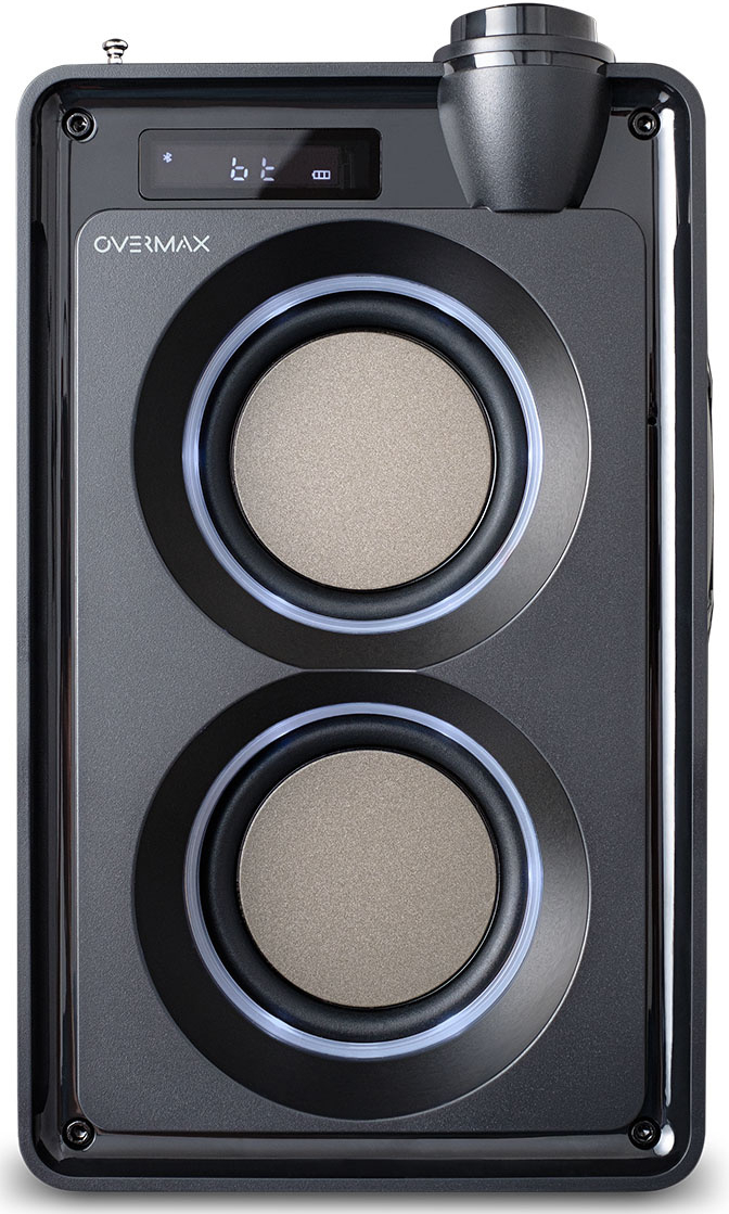 Czarny głośnik z dwoma okrągłymi obszarami głośników. Widoczna nazwa marki OVERMAX.