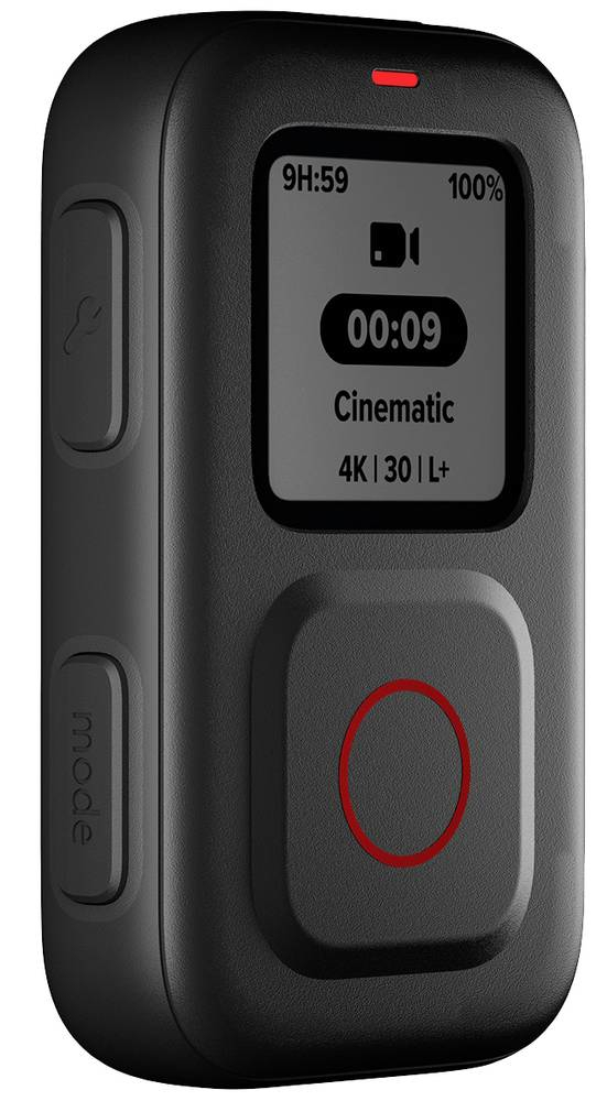 Czarna kamera z ekranem wyświetlającym informacje o nagrywaniu wideo i przyciskami z boku.