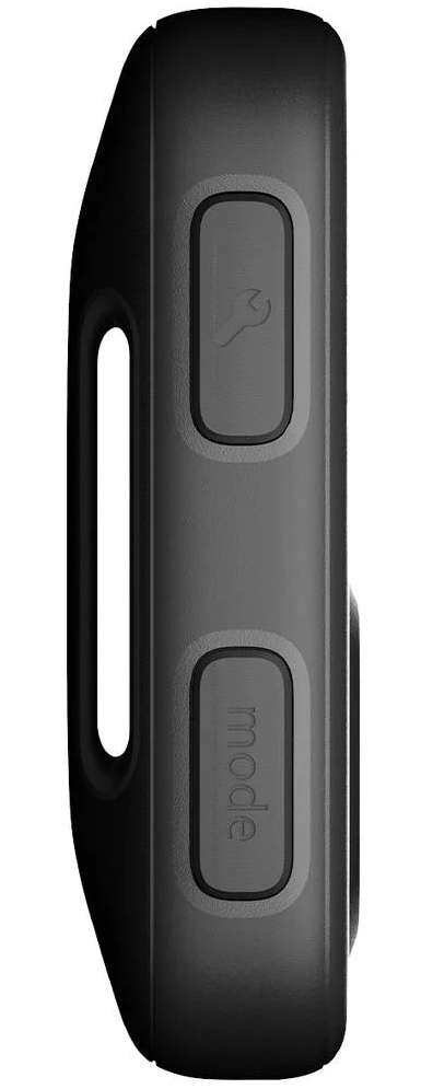 Widok z boku czarnego smartwatcha pokazujący dwa przyciski: tryb i ikonę klucza.