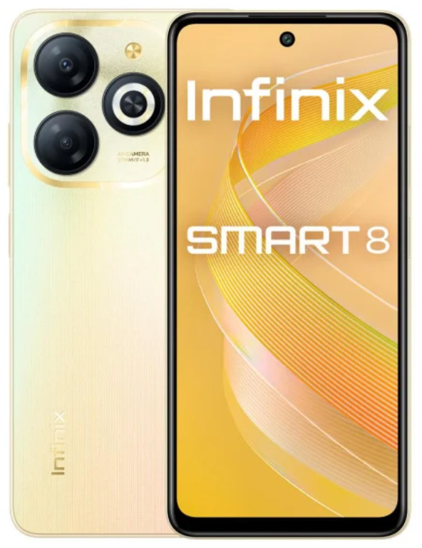 Złoty telefon Infinix Smart 8. Posiada potrójny aparat i wyświetlacz z nazwą marki i modelem.