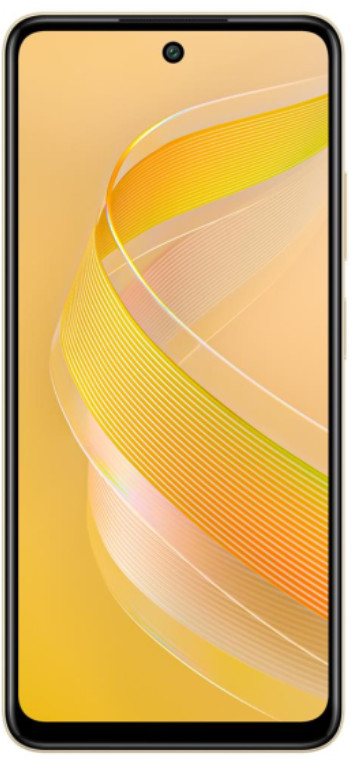 Smartfon ze złotym ekranem wyświetla abstrakcyjne żółte i pomarańczowe płynące linie. Telefon ma czarną ramkę i aparat.