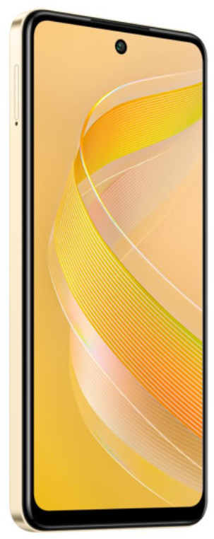 Złoty smartfon z czarną ramką. Ekran wyświetla żółte i pomarańczowe fale. Aparat u góry. Telefon jest pochylony.