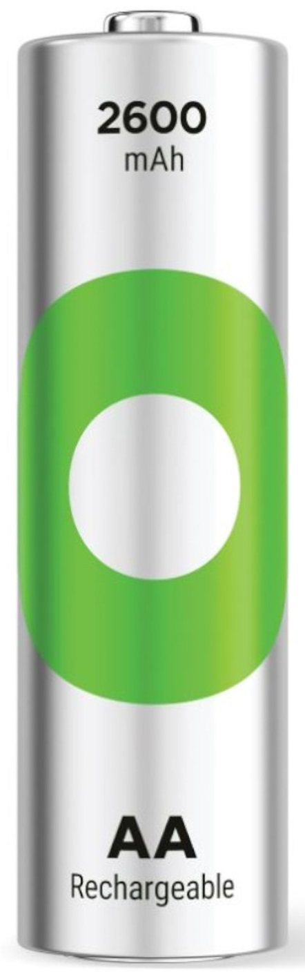 Srebrna bateria AA, akumulatorowa, z zielono-białym okrągłym wzorem.