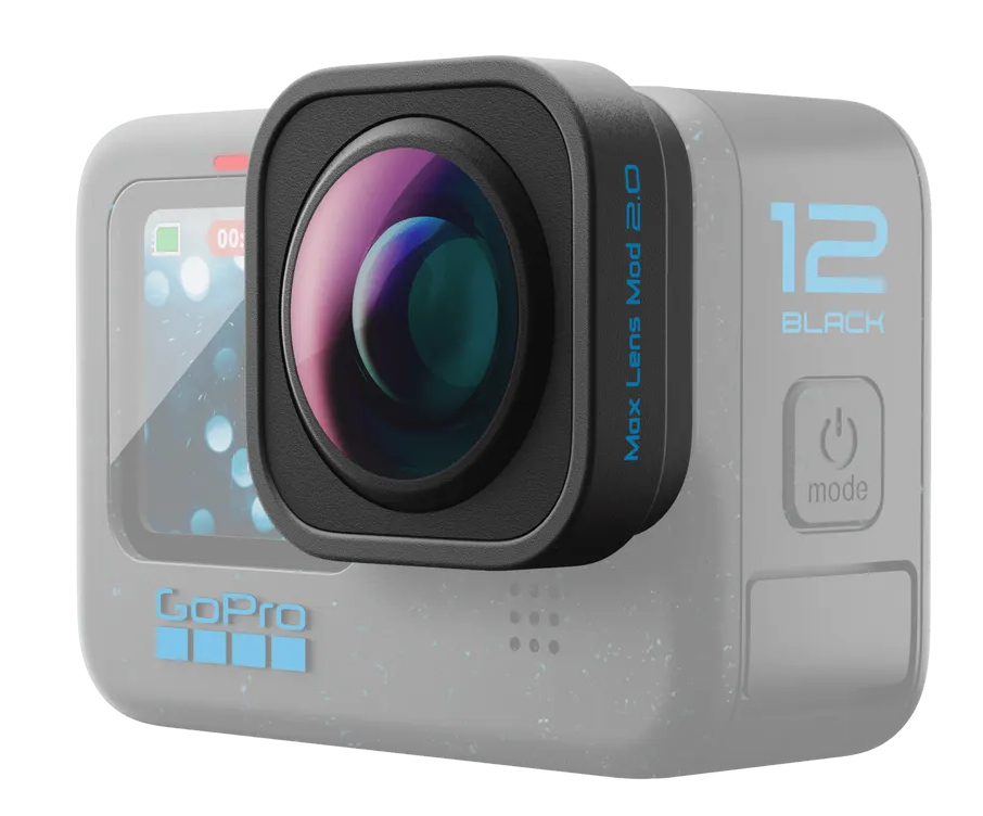 Kamera GoPro z czarnym modułem obiektywu na szarym tle.