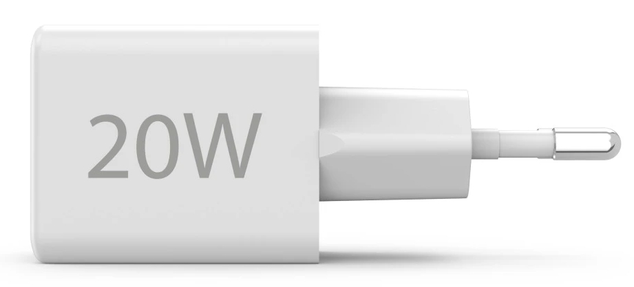 Biała ładowarka 20W z wtyczką. Tekst '20W' jest wydrukowany na ładowarce w kolorze szarym.