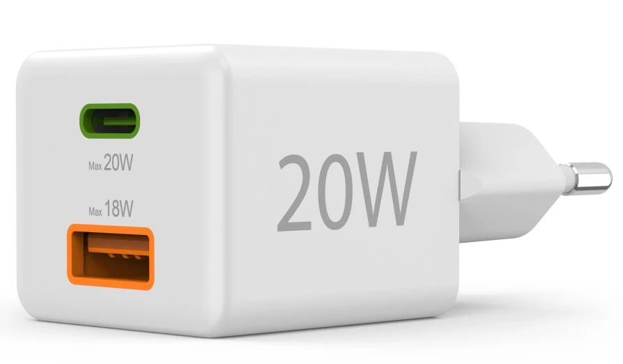 Biała ładowarka ścienna z dwoma portami. Jeden port jest zielony, drugi pomarańczowy. Tekst na nim to „20W” i „18W”.