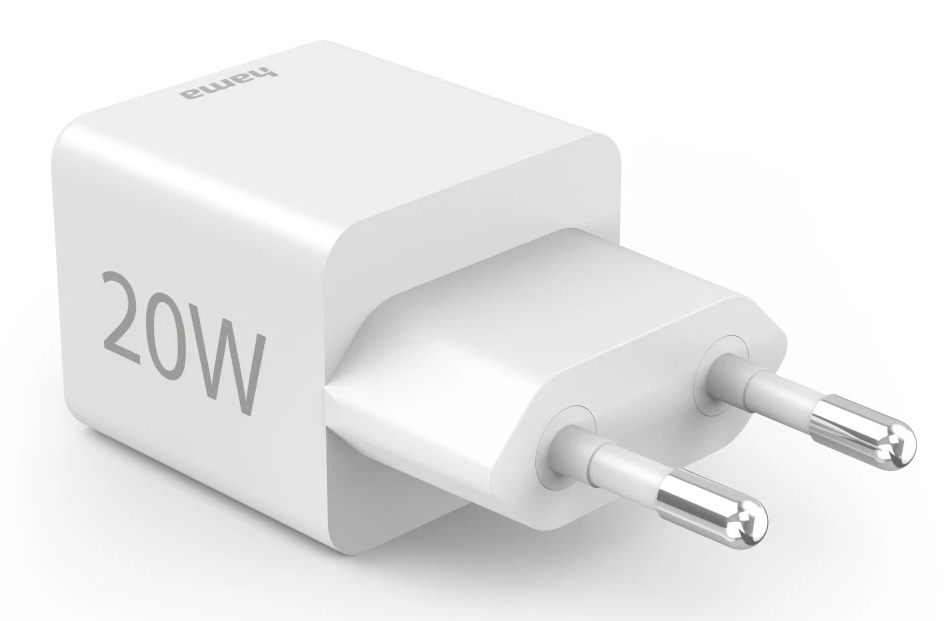 Biała ładowarka 20W z dwoma bolcami. Logo Hama znajduje się na ładowarce.