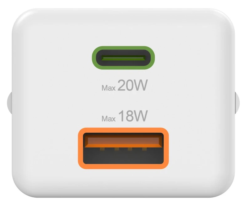 Biały adapter ładowania z portami USB-C i USB-A, wyświetlający moc wyjściową.