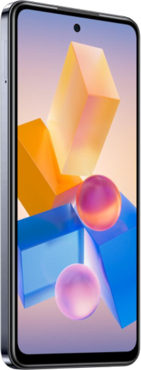 Smartfon z niebieską ramką i ekranem wyświetlającym abstrakcyjne kształty geometryczne.