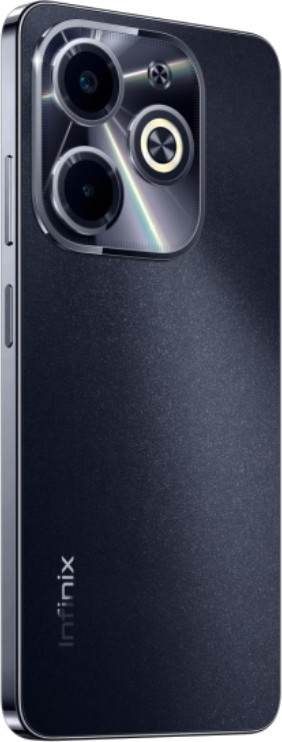 Czarny telefon Infinix, pokazujący tył z aparatami. Srebrna ramka.
