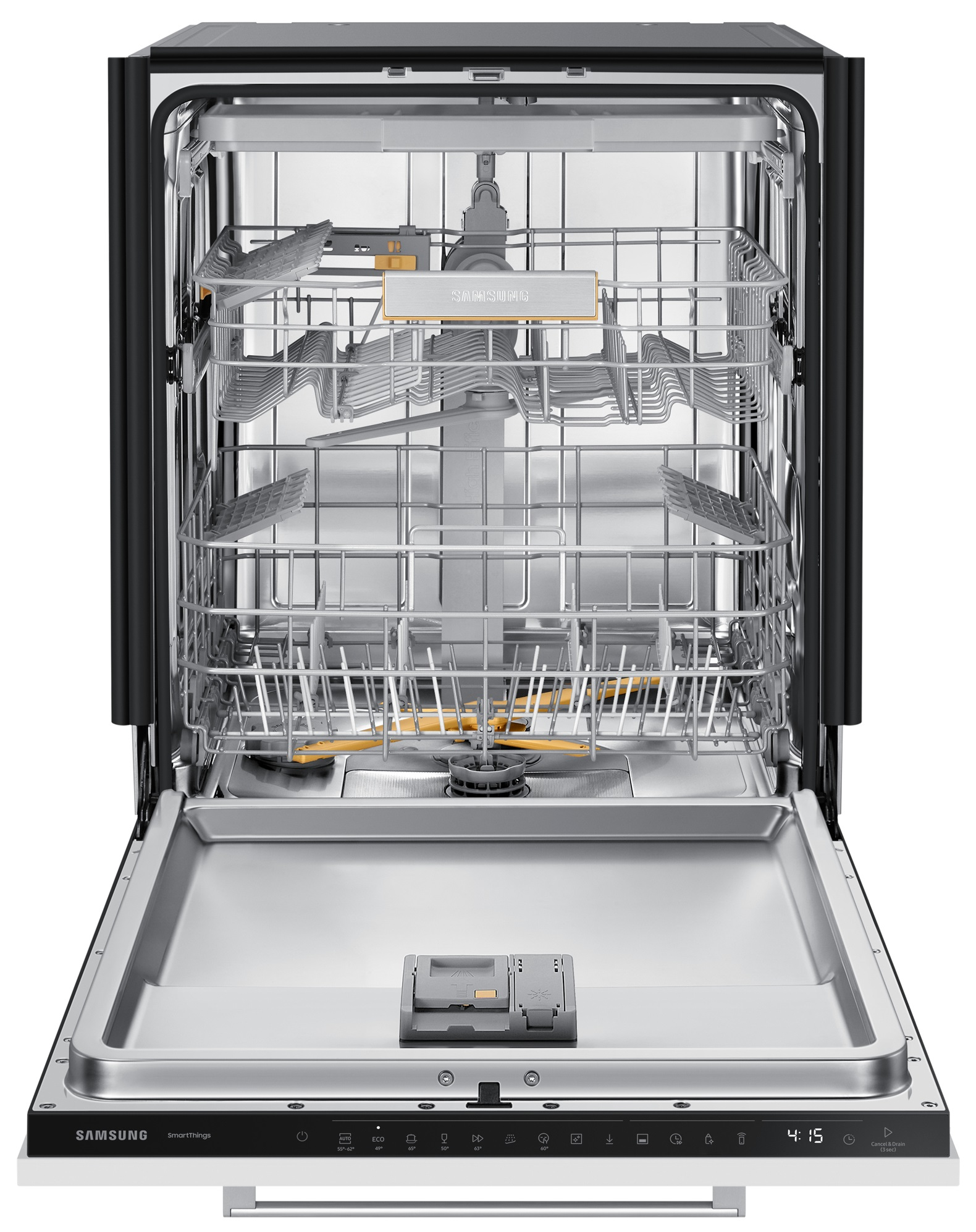 Otwarty wnętrze zmywarki z półkami, ramionami natryskowymi i panelem sterowania.