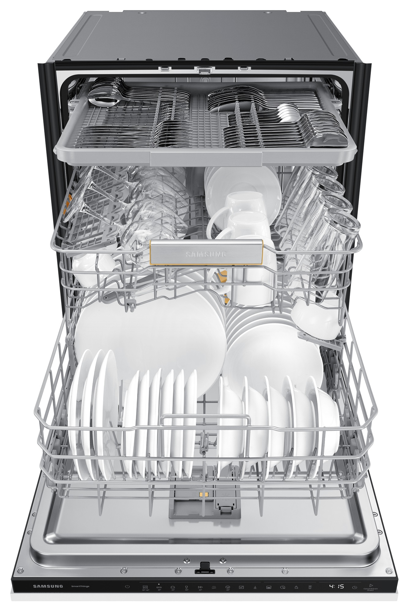 Otwarta zmywarka Samsung, wypełniona czystymi naczyniami i sztućcami, gotowa do rozładunku.